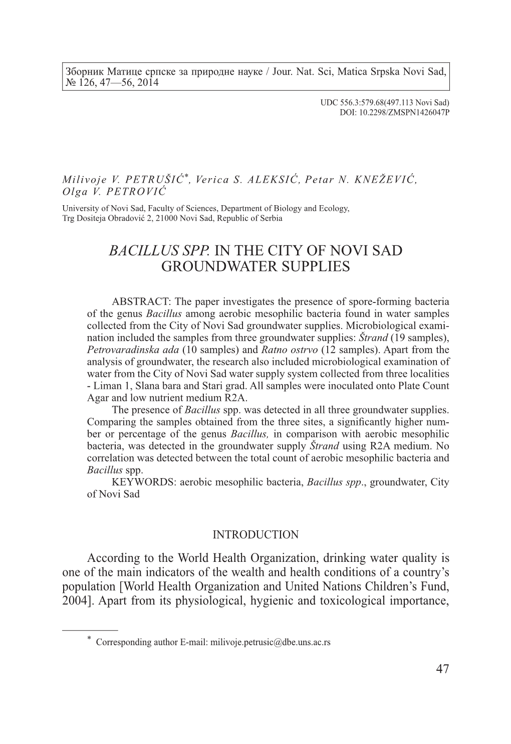 Bacillus Spp. in the City of Novi Sad Groundwater Supplies