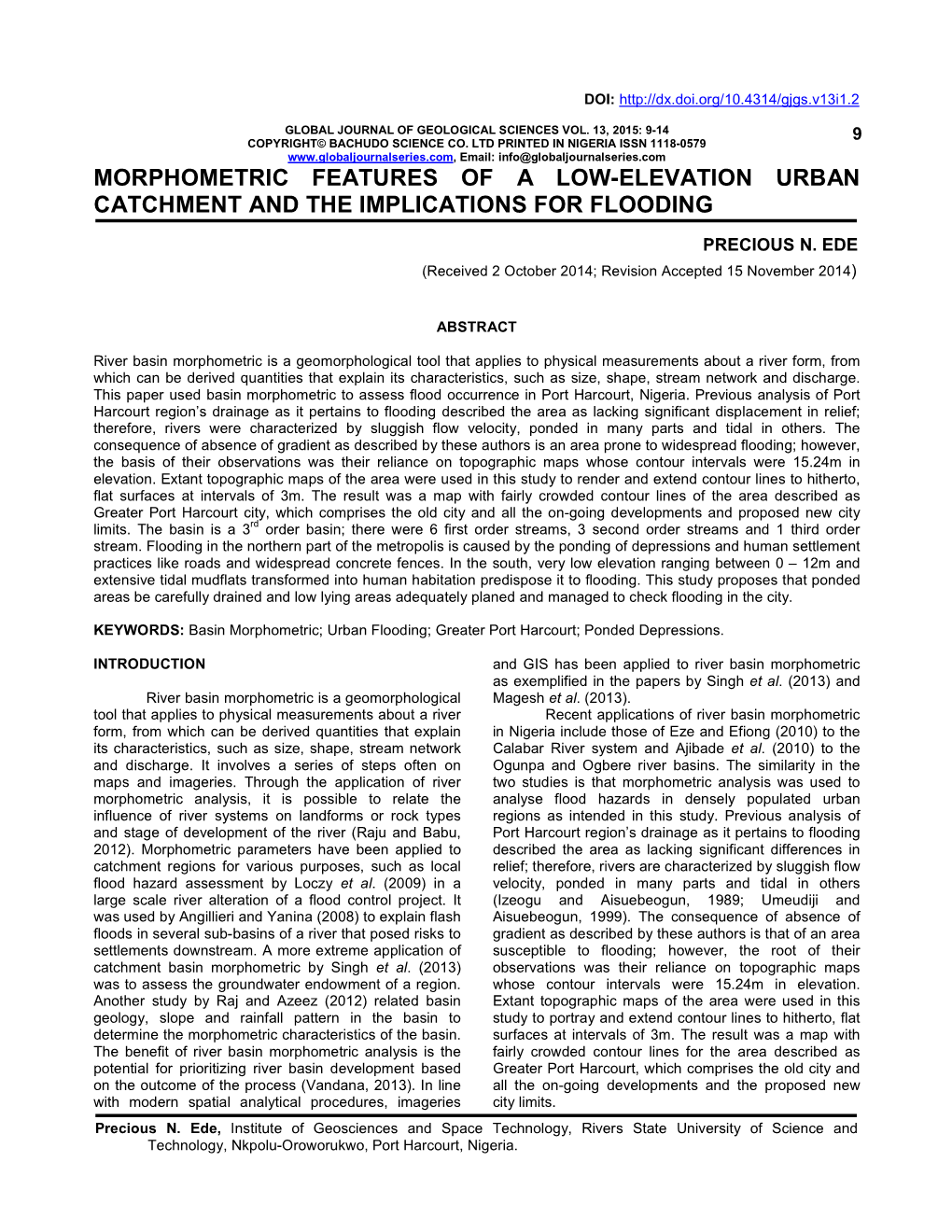 Morphometric Features of a Low-Elevation Urban Catchment and the Implications for Flooding