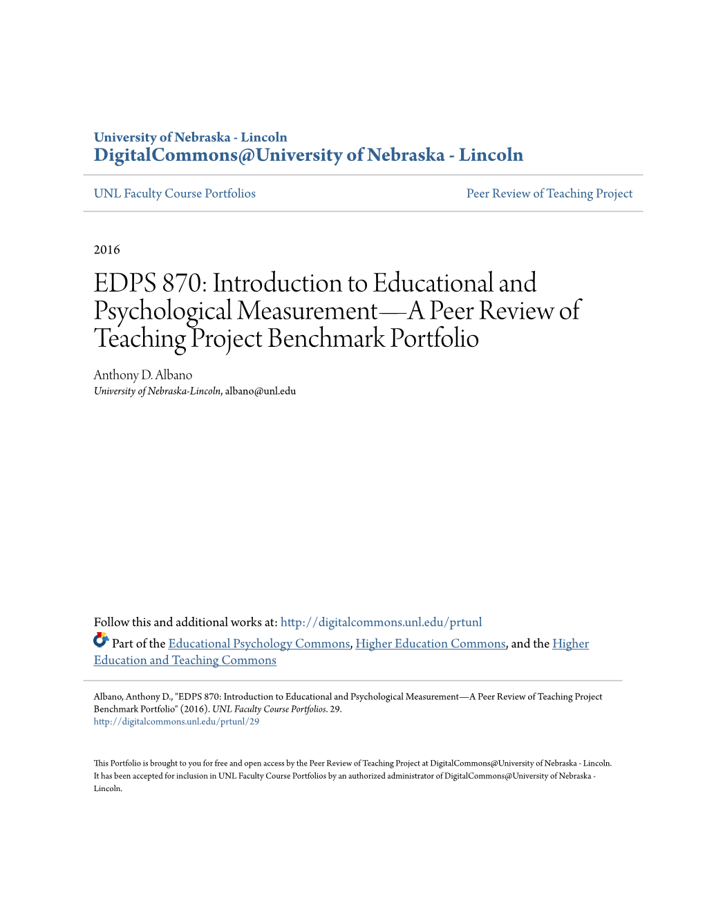 Introduction to Educational and Psychological Measurement—A Peer Review of Teaching Project Benchmark Portfolio Anthony D