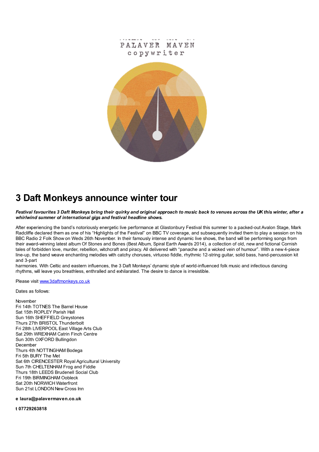 3 Daft Monkeys Announce Winter Tour