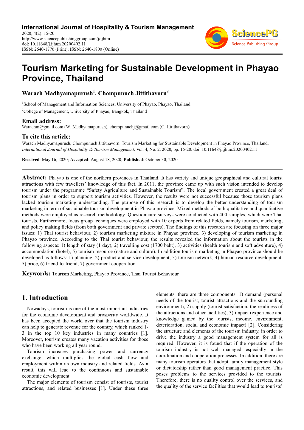 Tourism Marketing for Sustainable Development in Phayao Province, Thailand