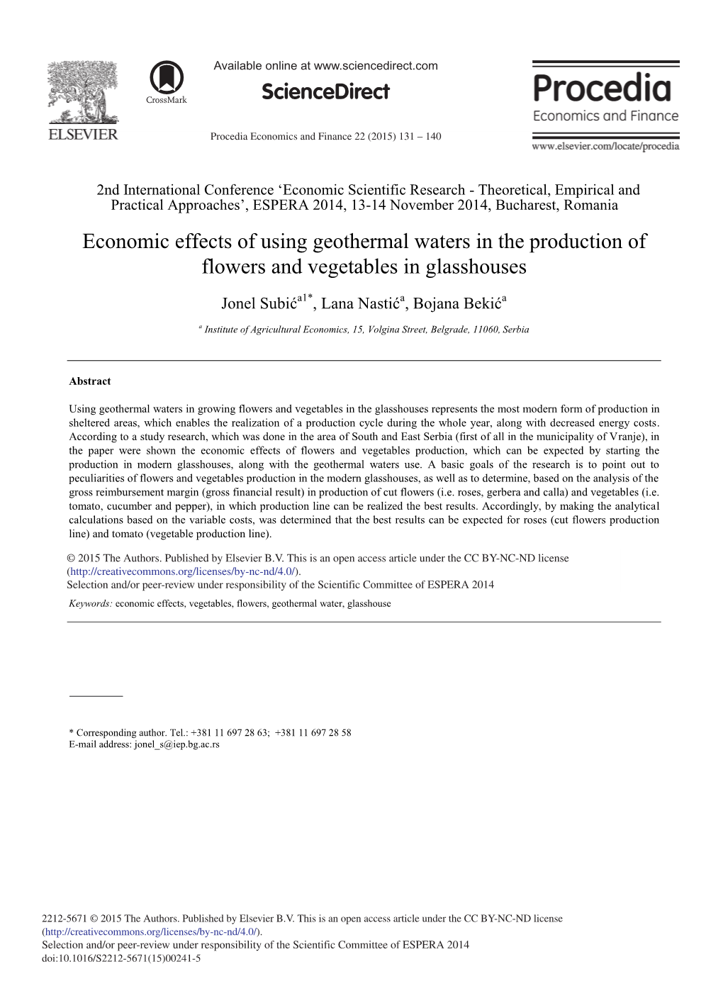 Economic Effects of Using Geothermal Waters in the Production of Flowers and Vegetables in Glasshouses