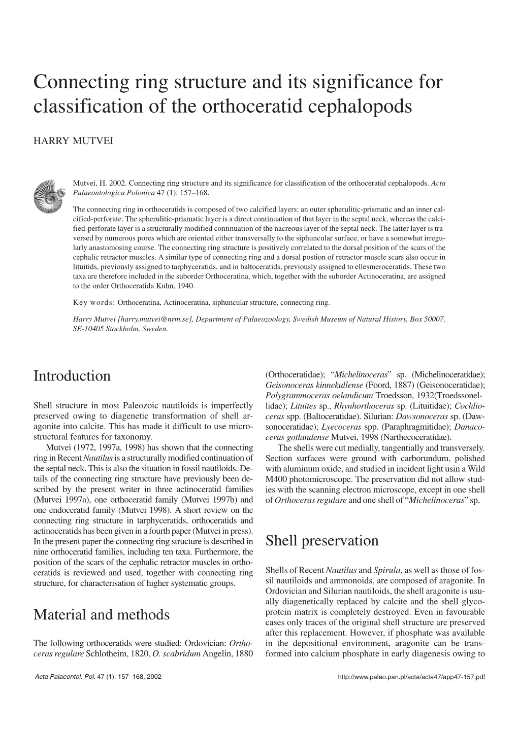 Connecting Ring Structure and Its Significance for Classification of the Orthoceratid Cephalopods