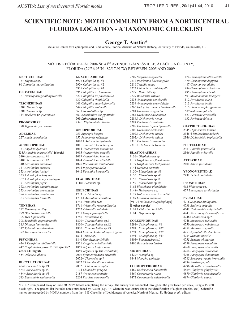 Moth Community from a Northcentral Florida LOCATION - a TAXONOMIC CHECKLIST