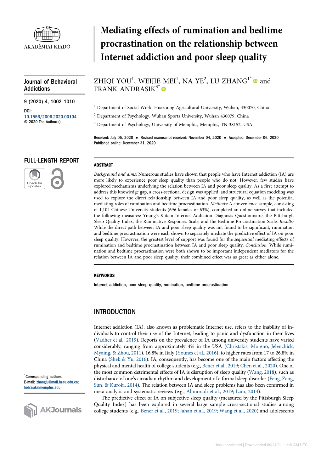 Mediating Effects of Rumination and Bedtime Procrastination on the Relationship Between Internet Addiction and Poor Sleep Quality