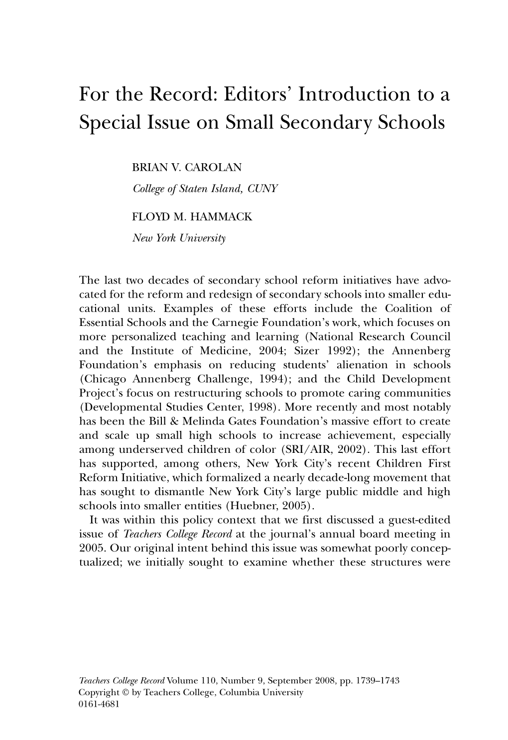 Editors' Introduction to a Special Issue on Small Secondary Schools