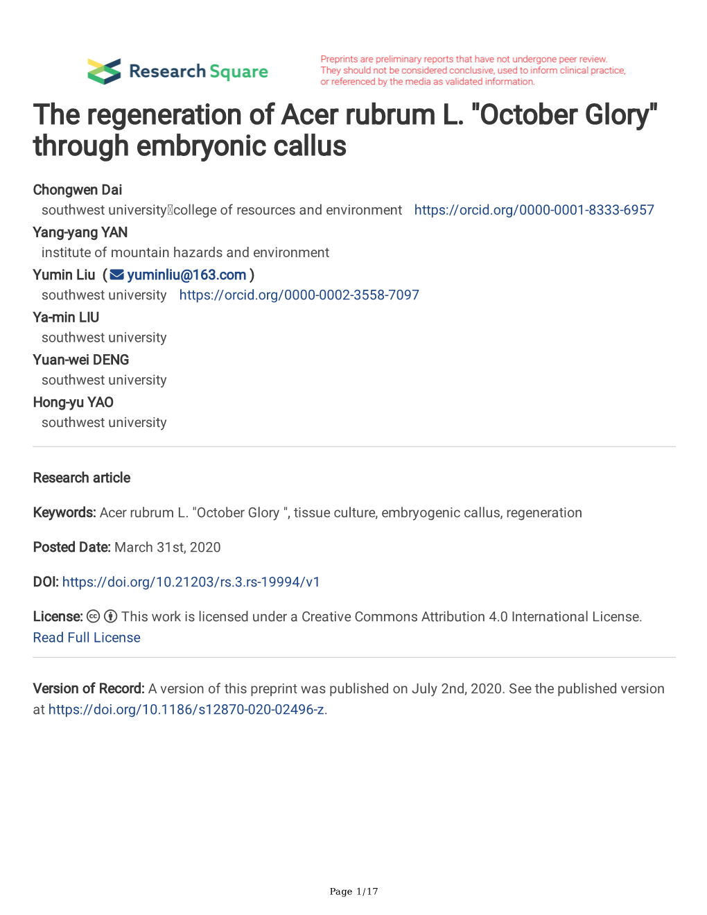 The Regeneration of Acer Rubrum L. 