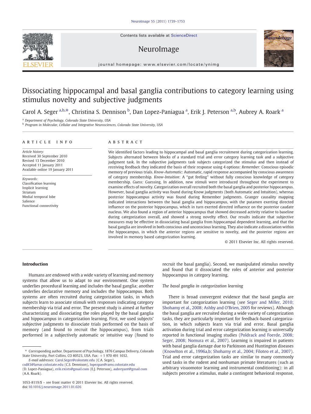 Dissociating Hippocampal and Basal Ganglia Contributions to Category Learning Using Stimulus Novelty and Subjective Judgments Ne