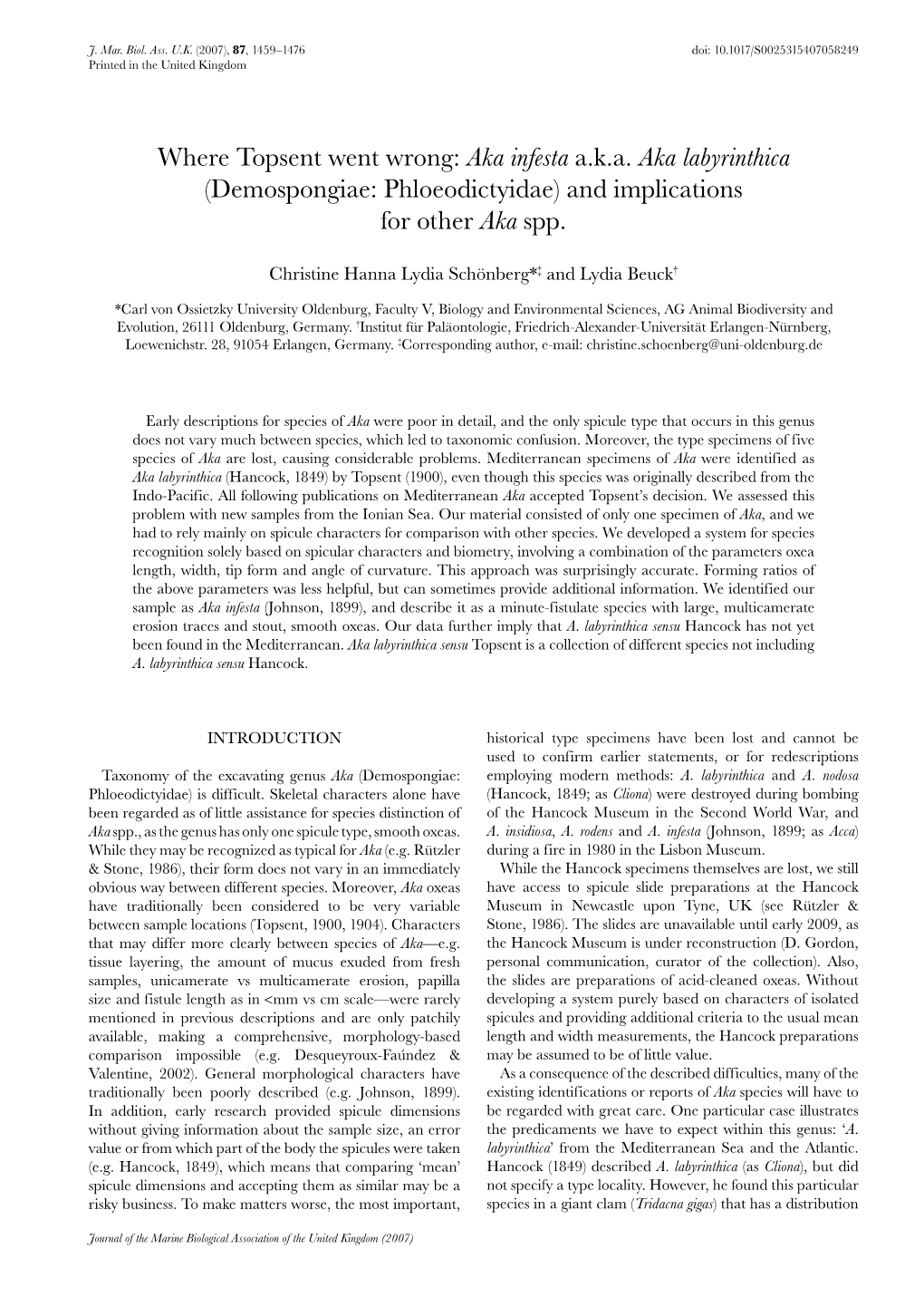 Demospongiae: Phloeodictyidae) and Implications for Other Aka Spp