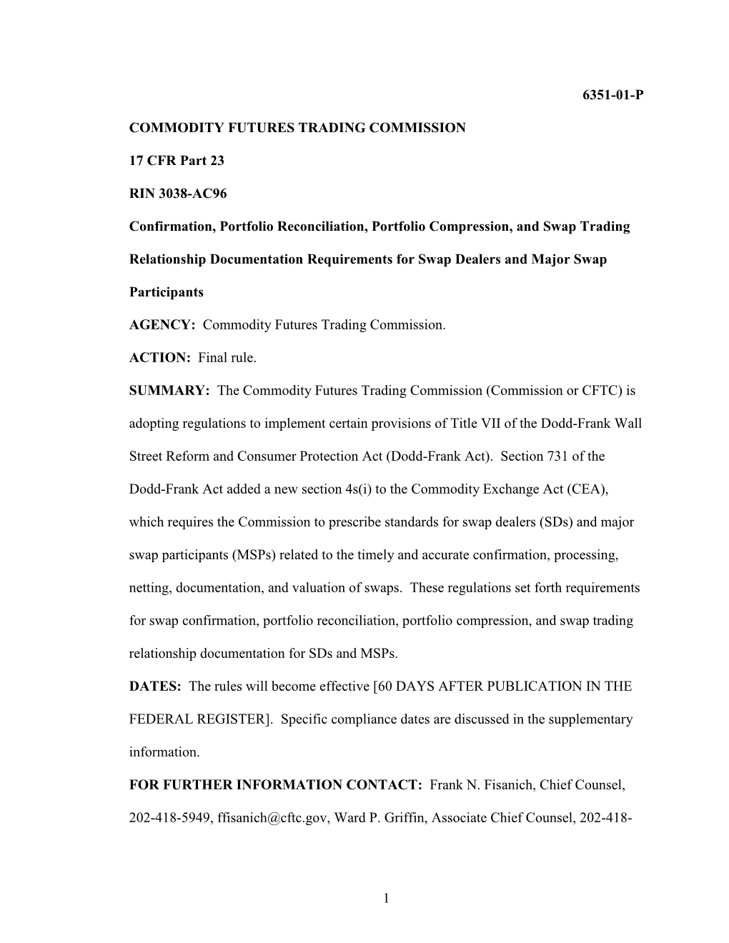 Federal Register: Confirmation, Portfolio Reconciliation, Portfolio