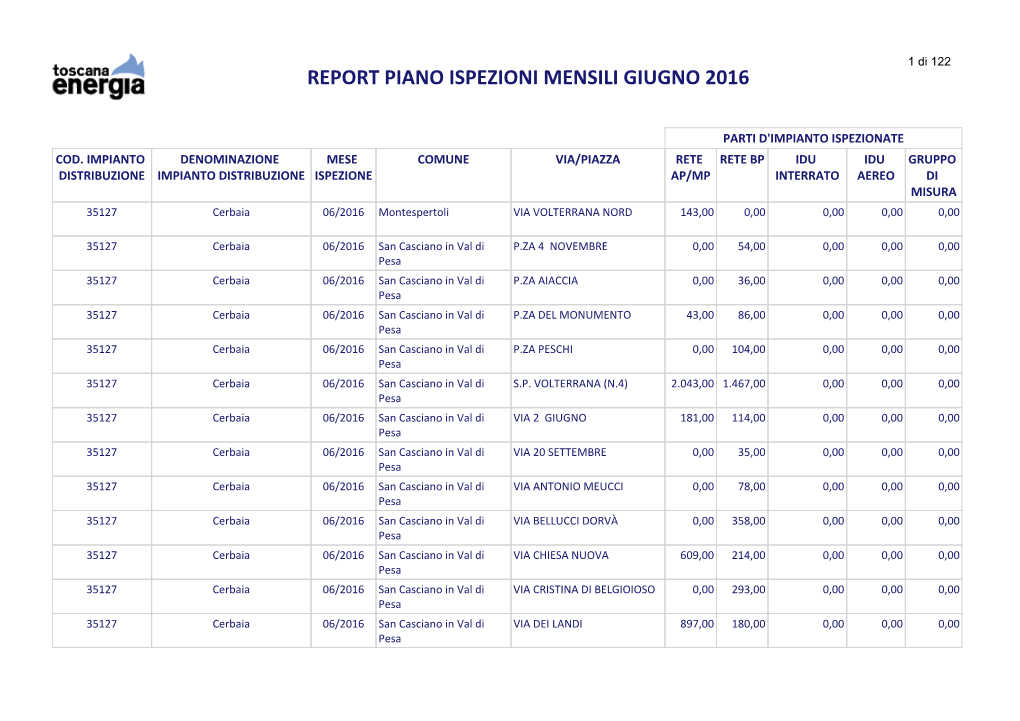 Report Piano Ispezioni Mensili Giugno 2016