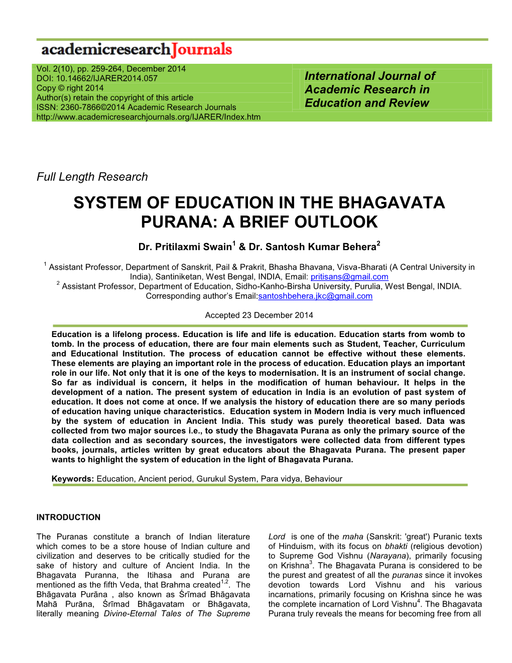 System of Education in the Bhagavata Purana: a Brief Outlook