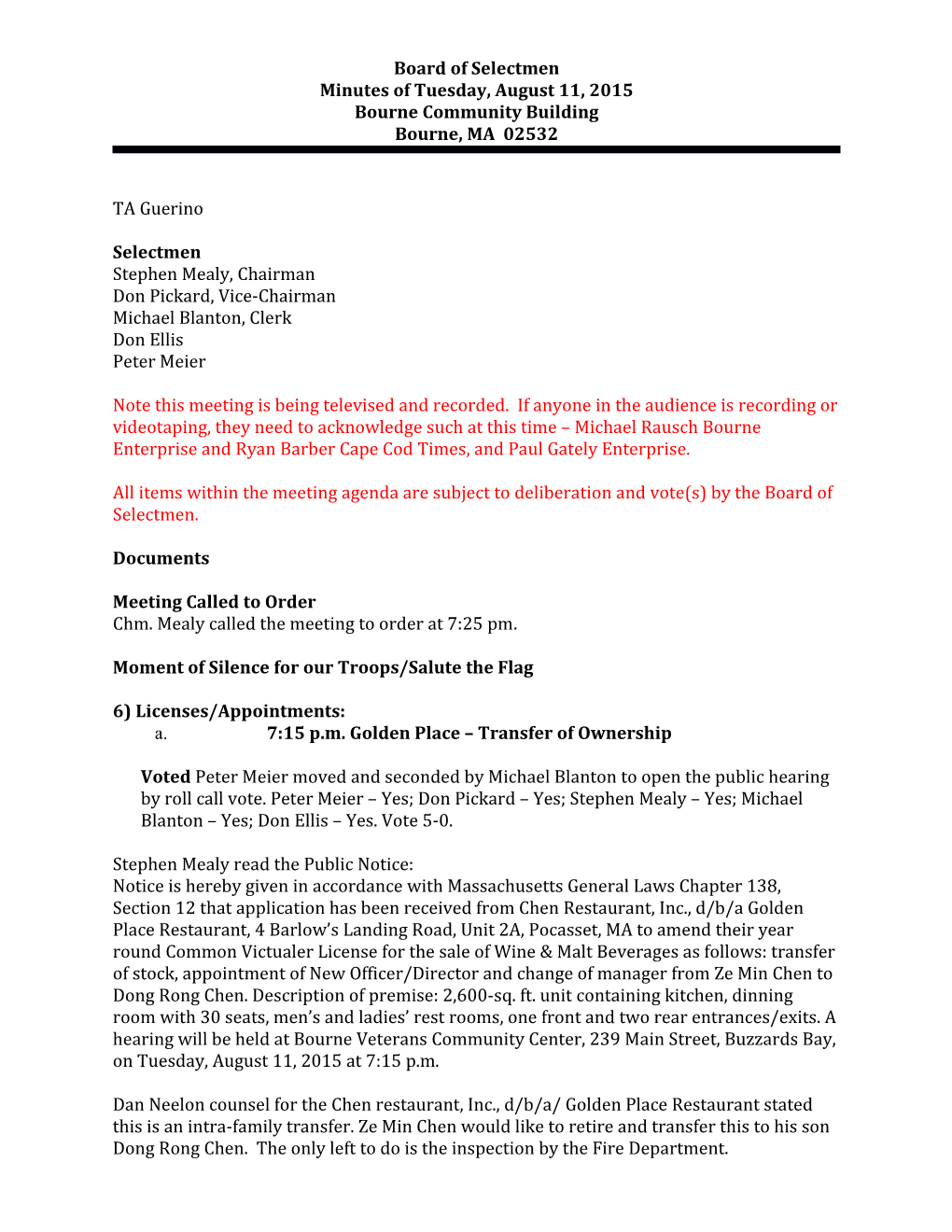 Board of Selectmen S Minutes August 11, 2015