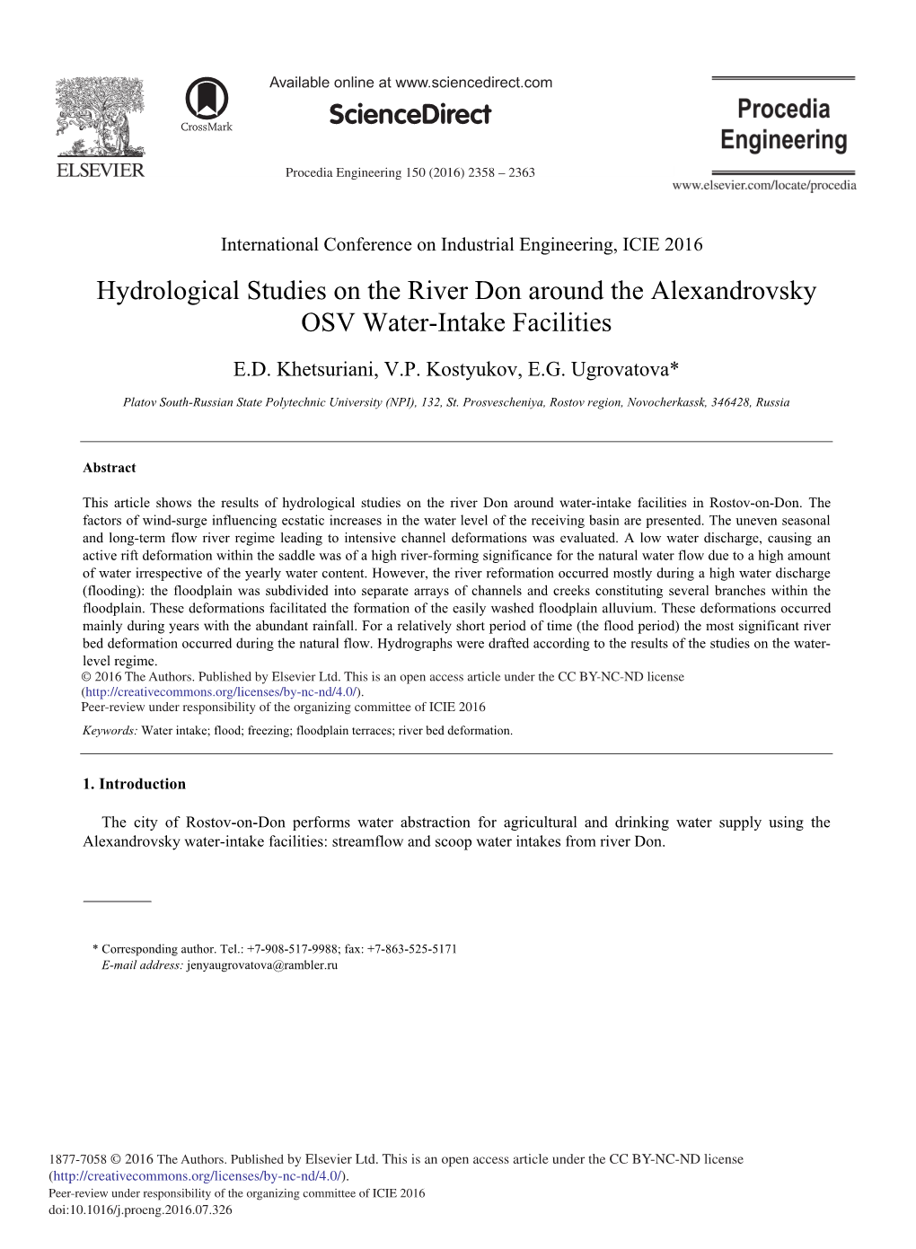 Hydrological Studies on the River Don Around the Alexandrovsky OSV Water-Intake Facilities