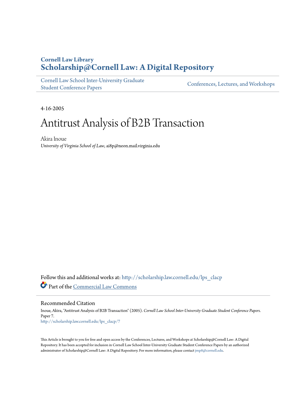 Antitrust Analysis of B2B Transaction Akira Inoue University of Virginia School of Law, Ai8p@Neon.Mail.Virginia.Edu
