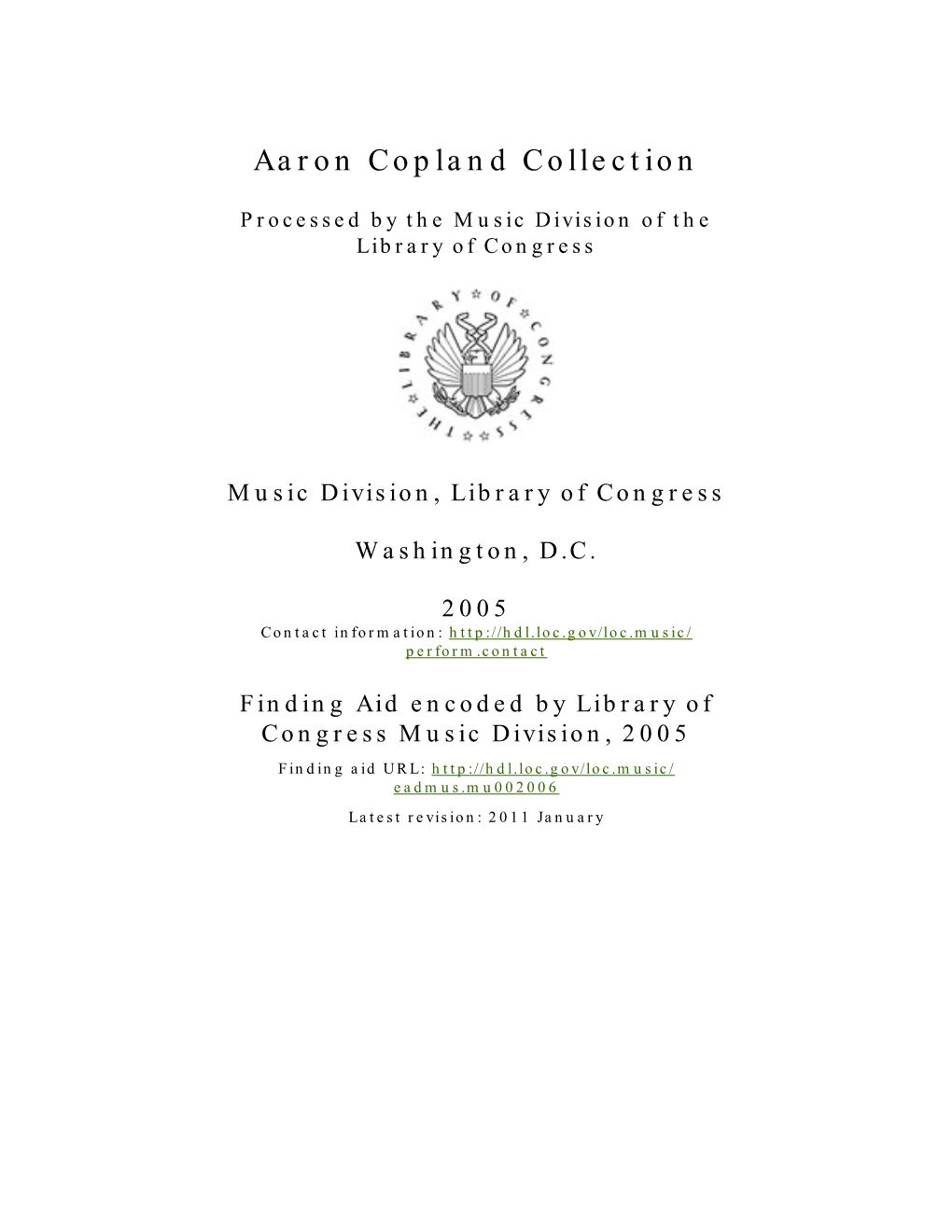 Aaron Copland Collection [Finding Aid]. Library of Congress. [PDF