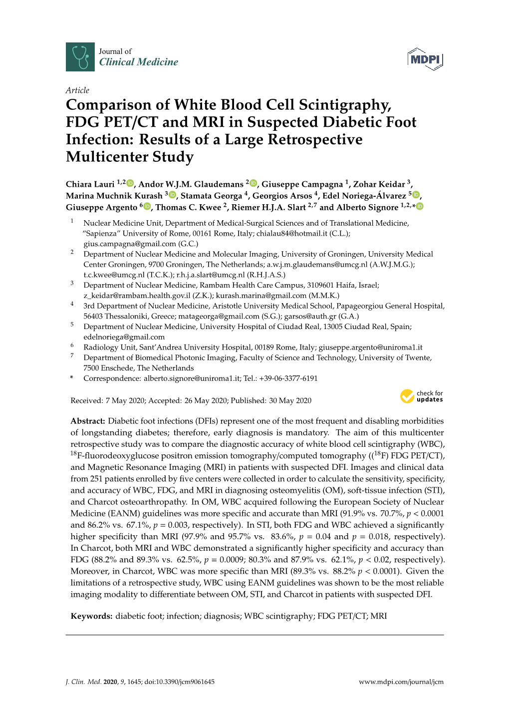 Comparison of White Blood Cell Scintigraphy, FDG PET/CT and MRI in Suspected Diabetic Foot Infection: Results of a Large Retrospective Multicenter Study