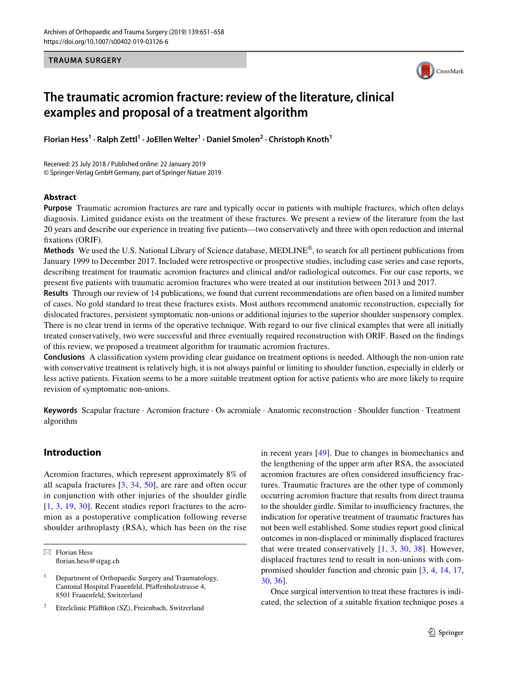 The Traumatic Acromion Fracture: Review of the Literature, Clinical Examples and Proposal of a Treatment Algorithm