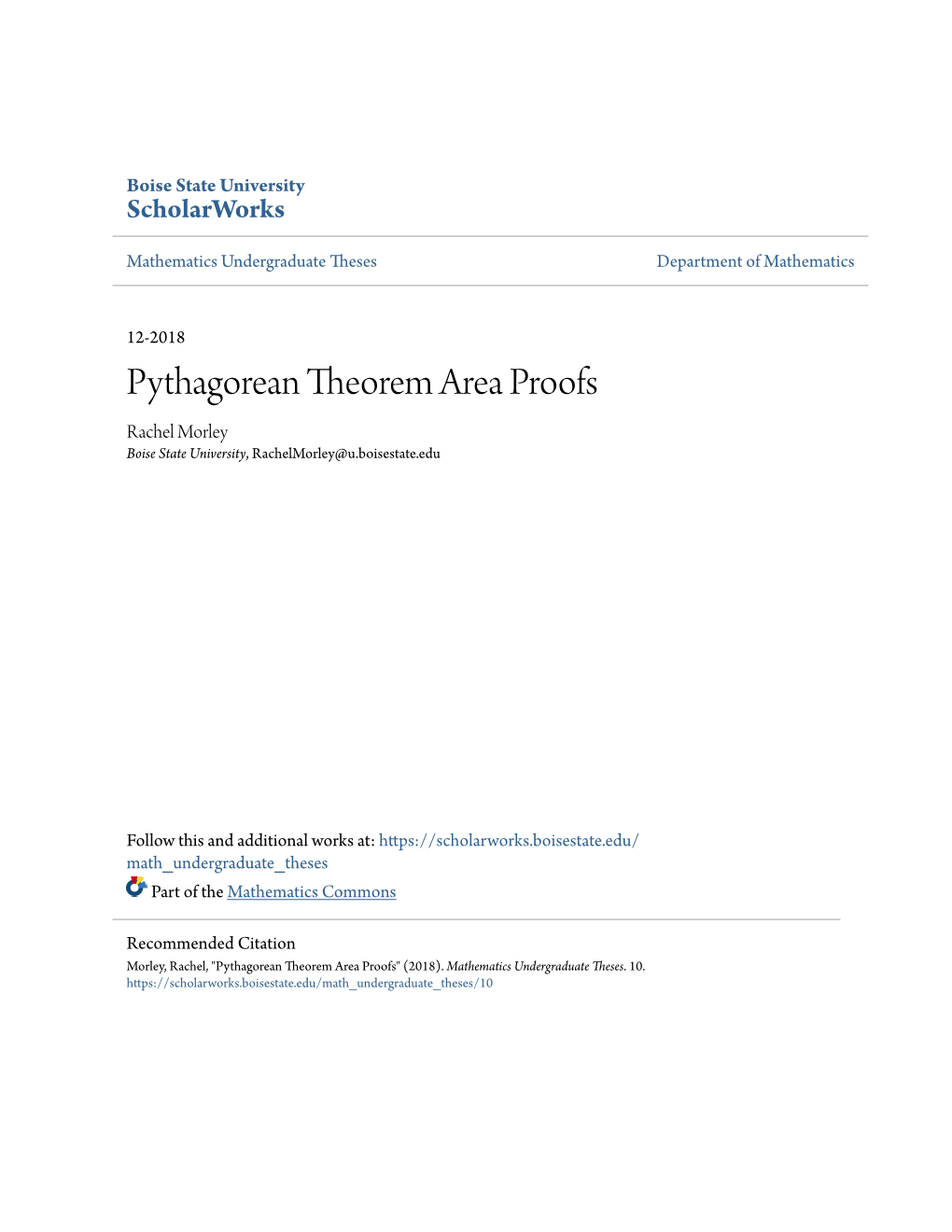 Pythagorean Theorem Area Proofs Rachel Morley Boise State University, Rachelmorley@U.Boisestate.Edu