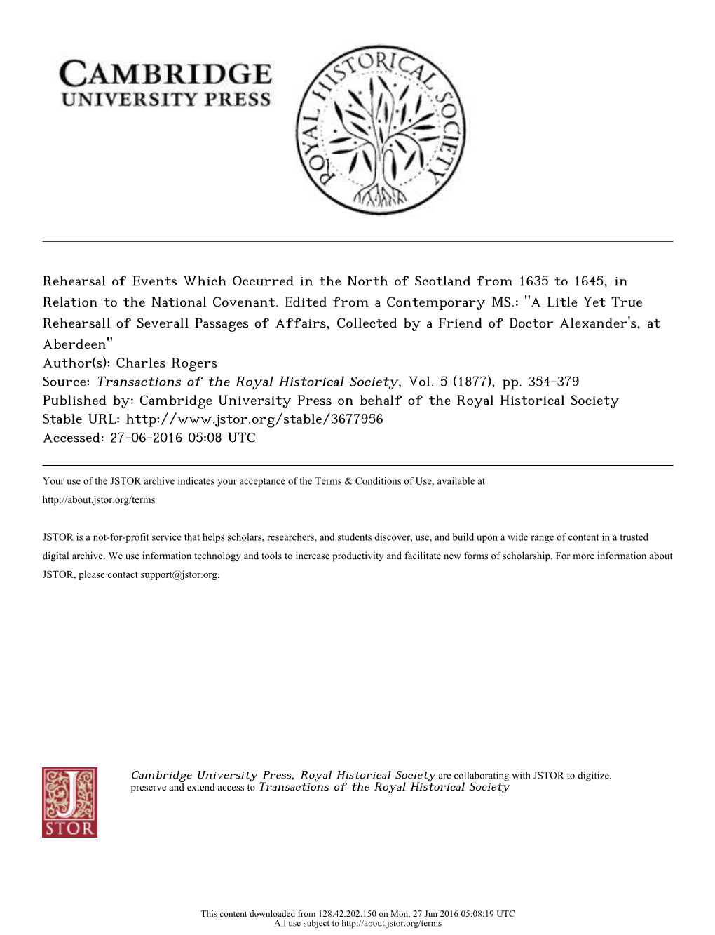 Rehearsal of Events Which Occurred in the North of Scotland from 1635 to 1645, in Relation to the National Covenant