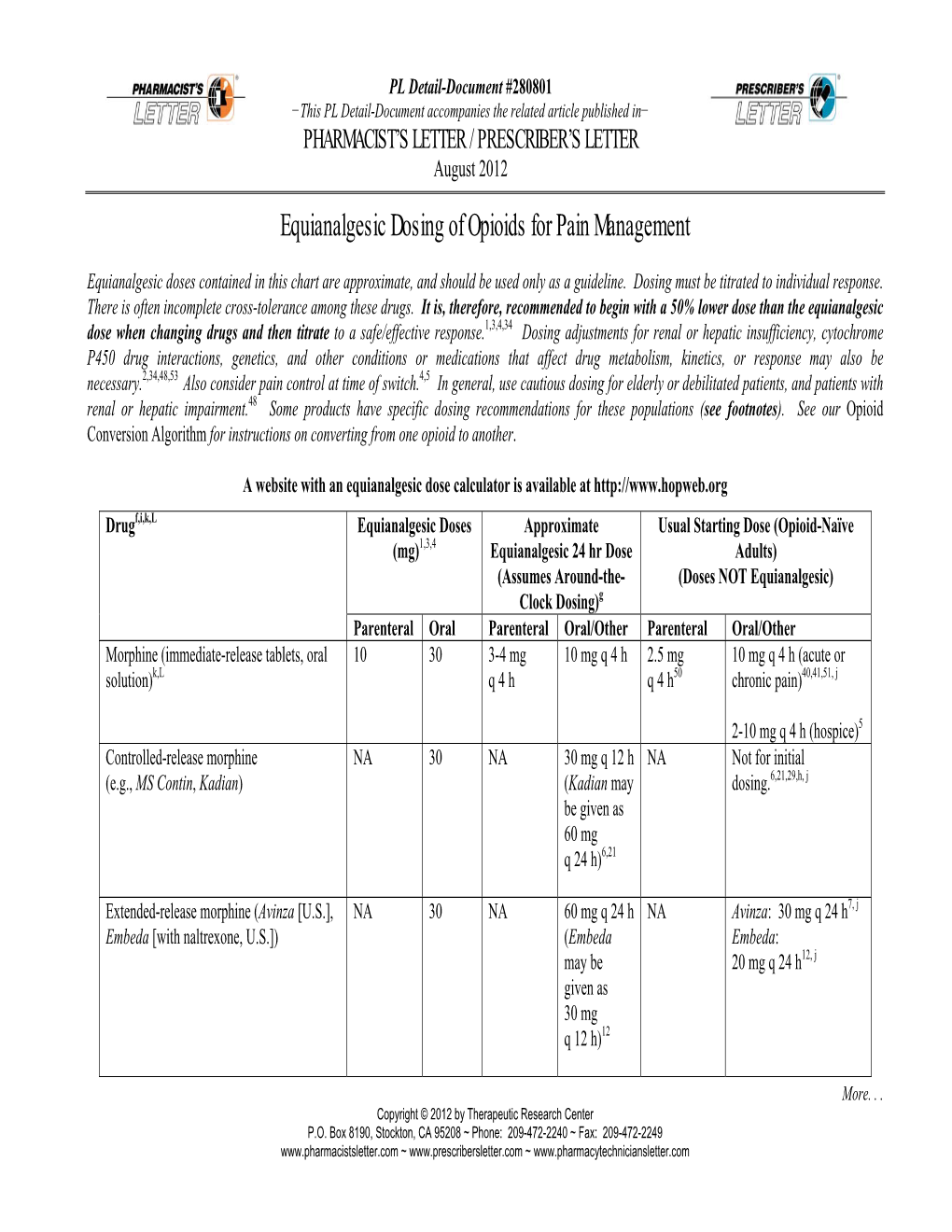 Equianalgesic Dosing of Opioids for Pain Management