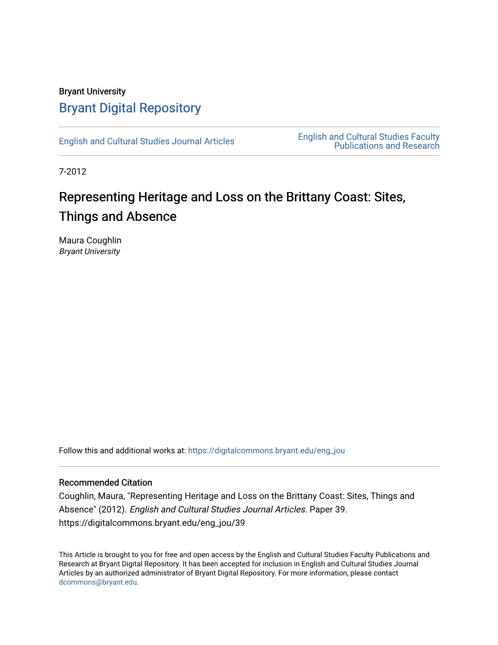 Representing Heritage and Loss on the Brittany Coast: Sites, Things and Absence