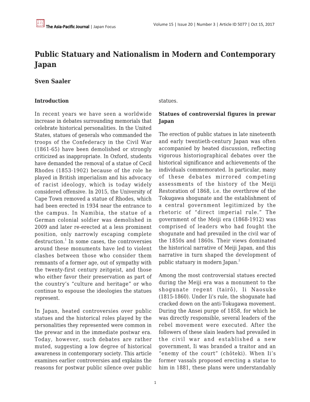Public Statuary and Nationalism in Modern and Contemporary Japan