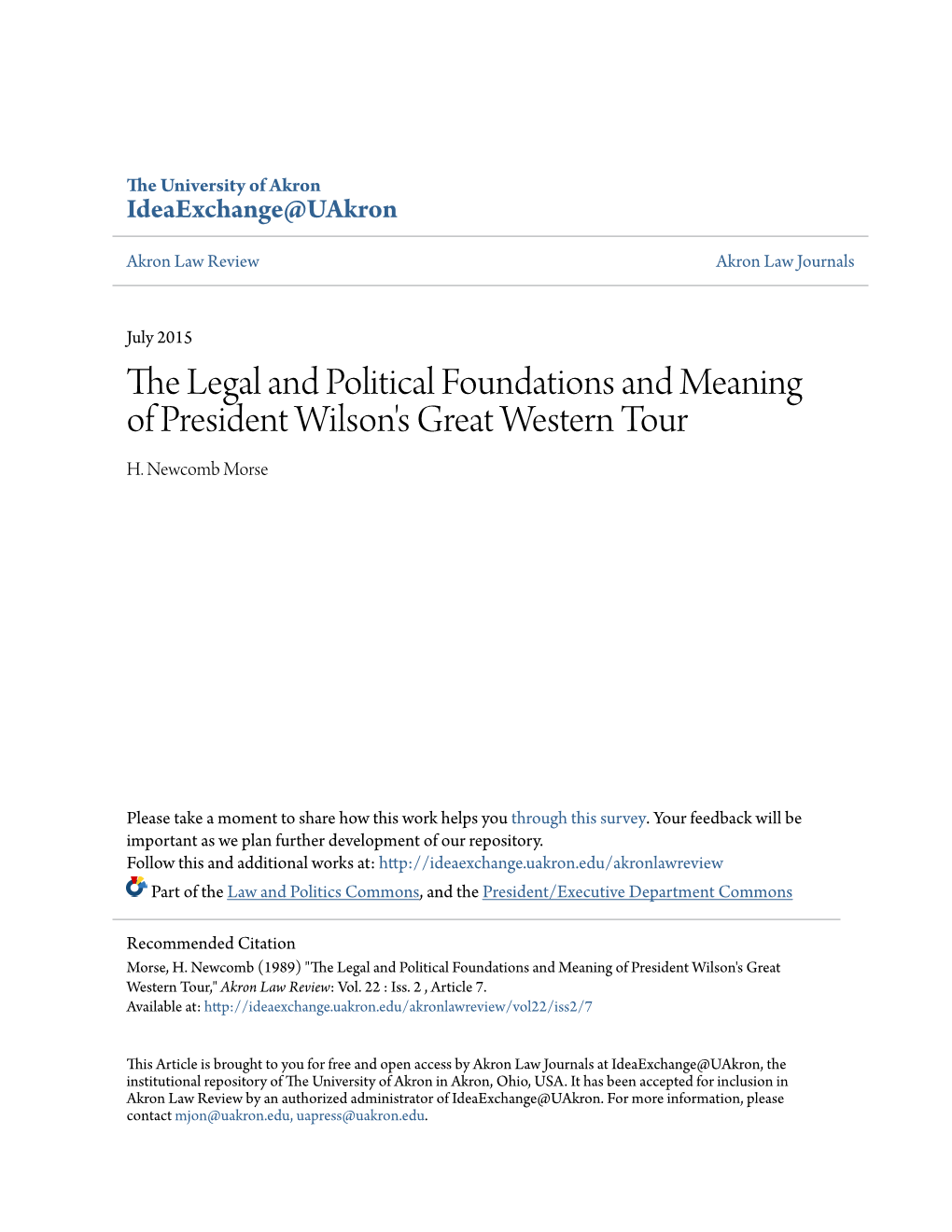 The Legal and Political Foundations and Meaning of President Wilson's Great Western Tour H