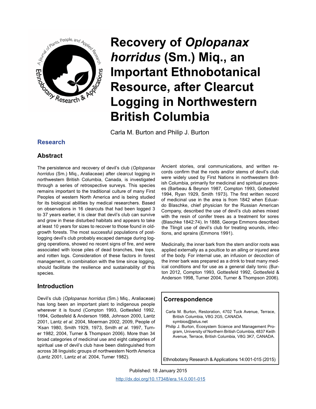 Recovery of Oplopanax Horridus (Sm.) Miq., an Important Ethnobotanical Resource, After Clearcut Logging in Northwestern British Columbia Carla M