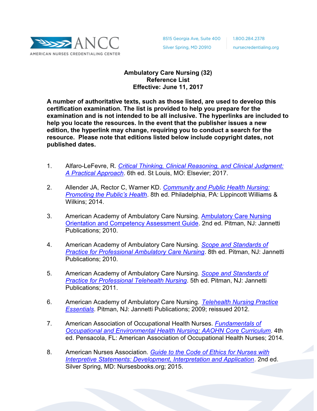 Ambulatory Care Nursing Reference List