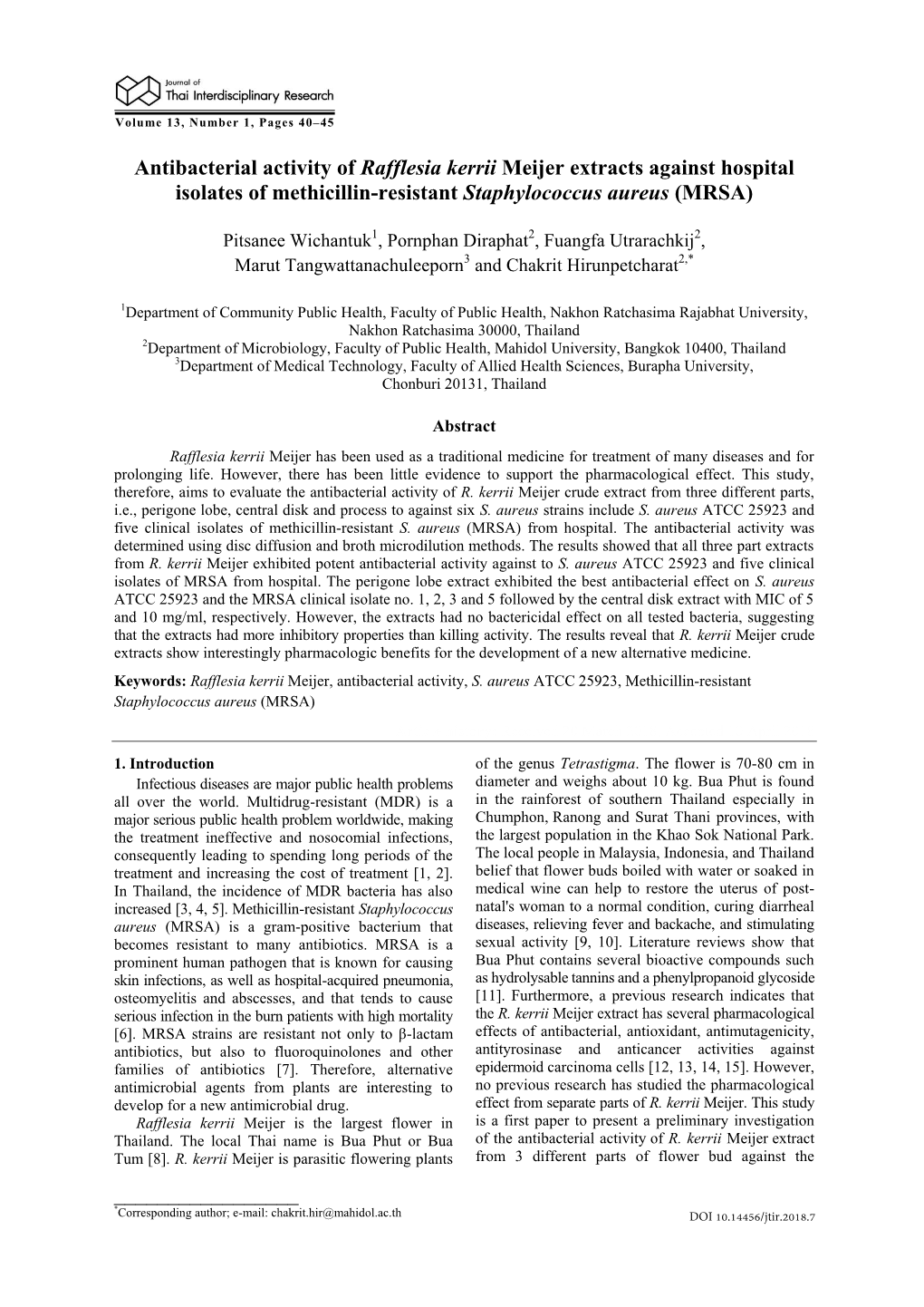 Antibacterial Activity of Rafflesia Kerrii Meijer Extracts Against Hospital Isolates of Methicillin-Resistant Staphylococcus Aureus (MRSA)