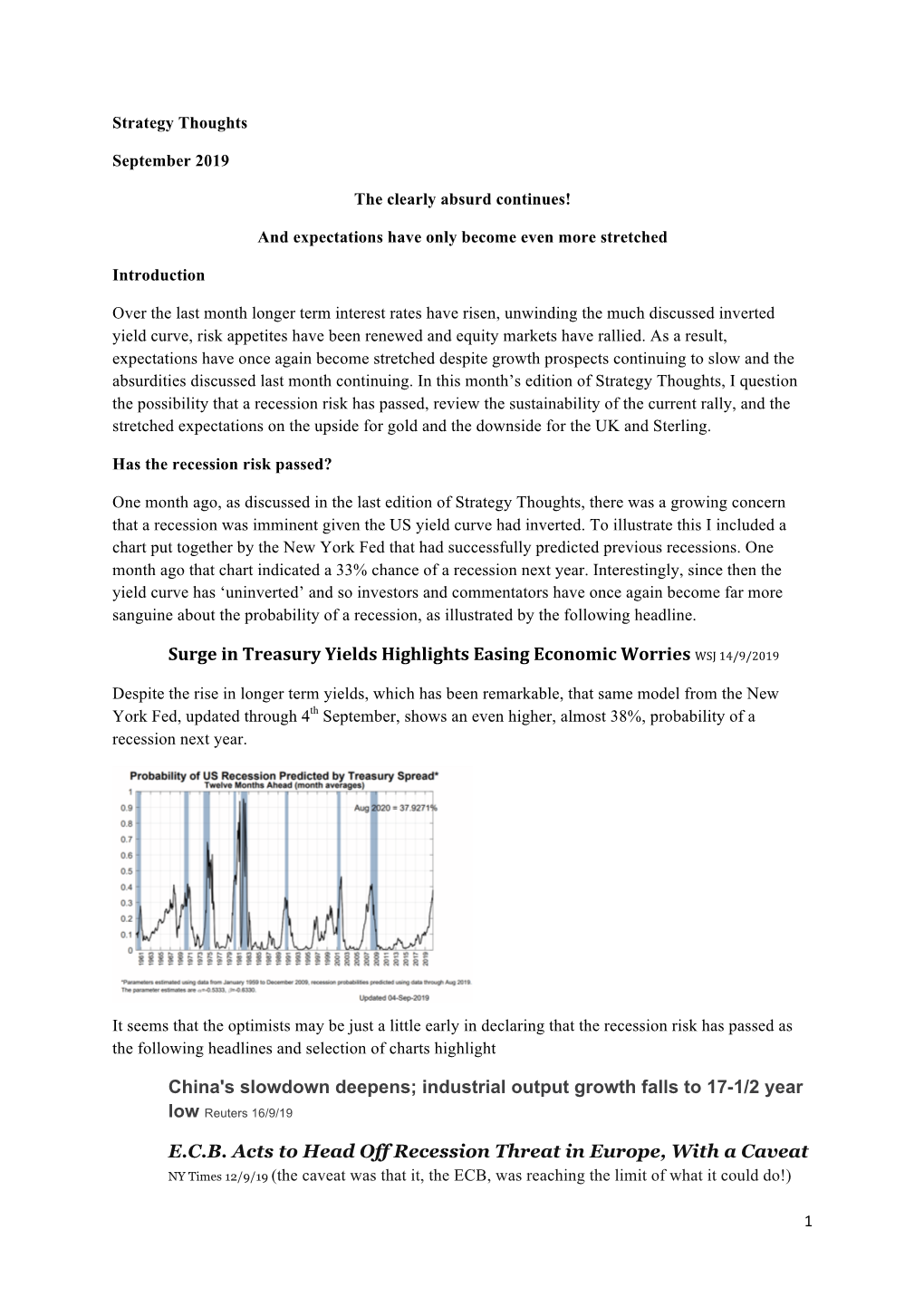 Surge in Treasury Yields Highlights Easing Economic Worries WSJ 14/9/2019