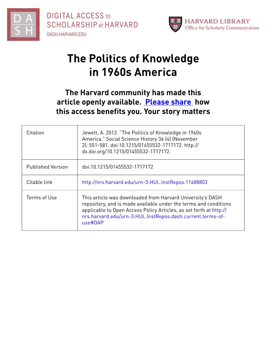 The Politics of Knowledge in 1960S America