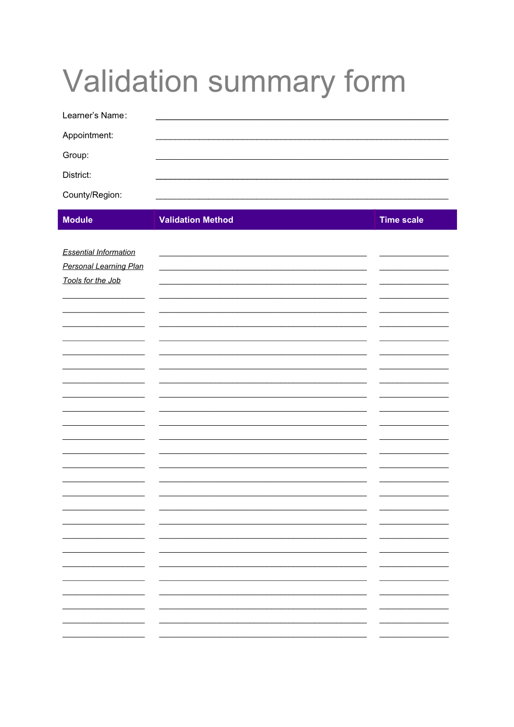 Validation Summary Form