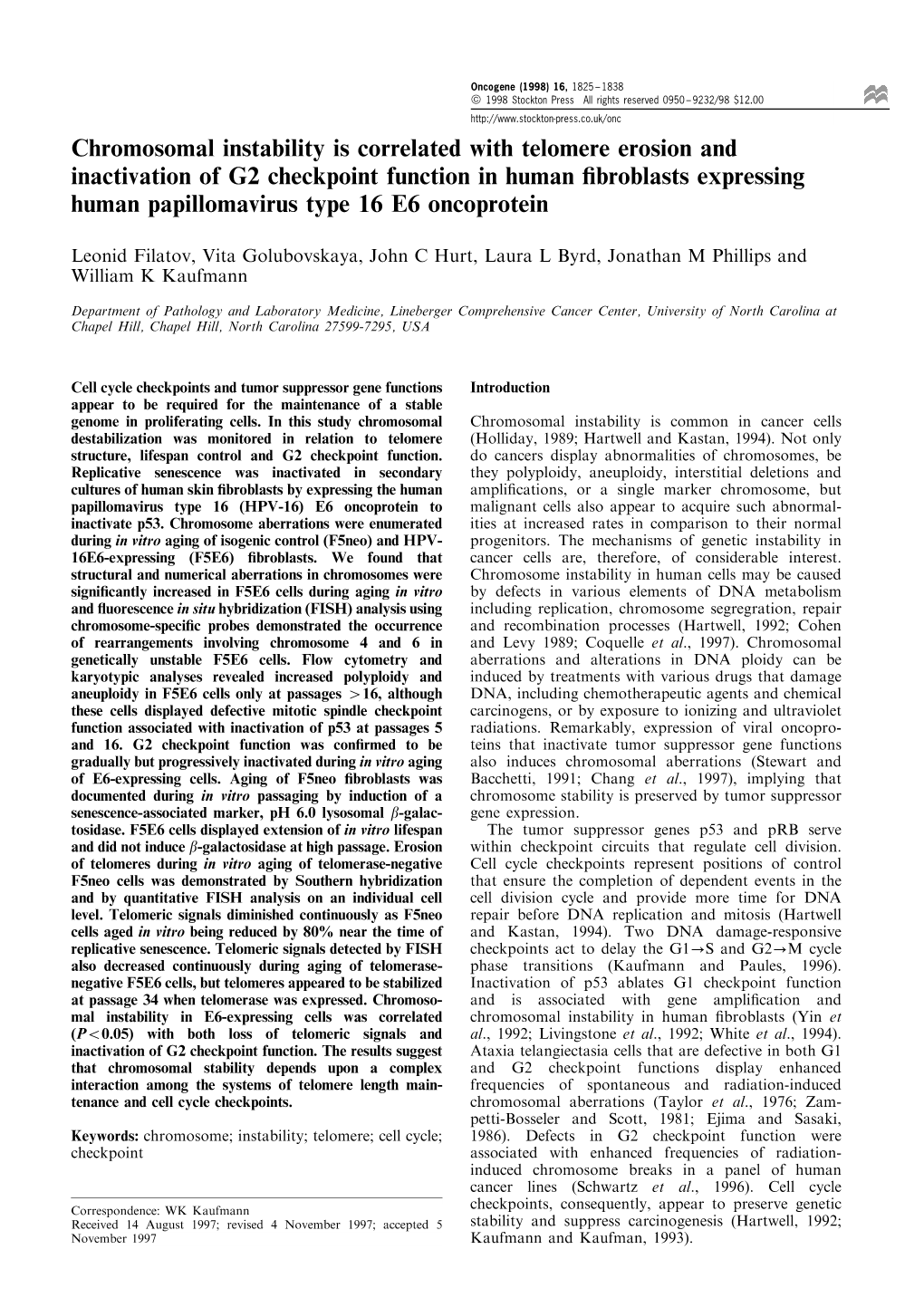 Chromosomal Instability Is Correlated with Telomere Erosion And