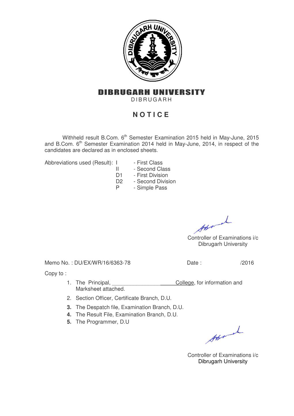 Dibrugarh University Notice