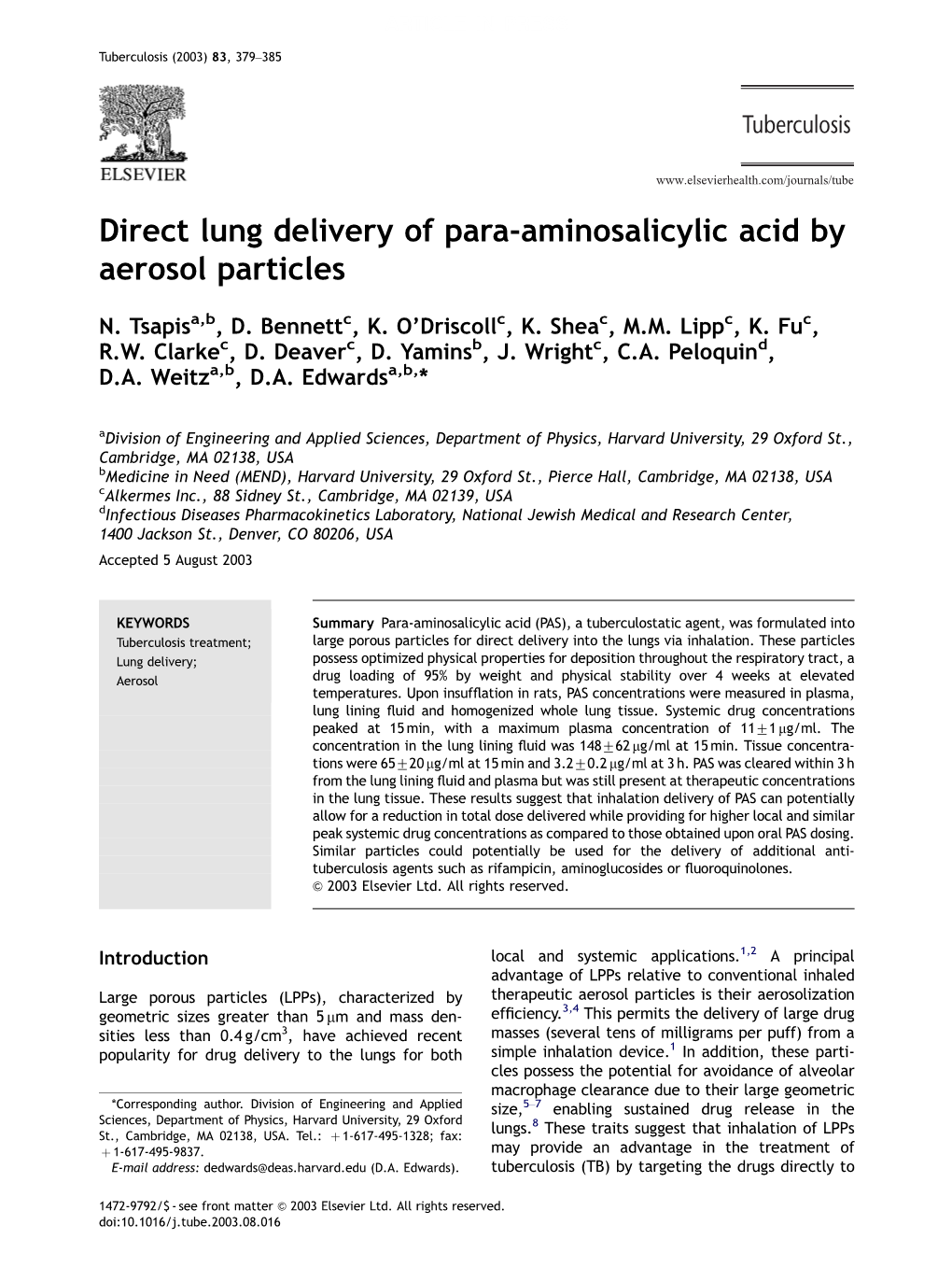 Direct Lung Delivery of Para-Aminosalicylic Acid by Aerosol Particles