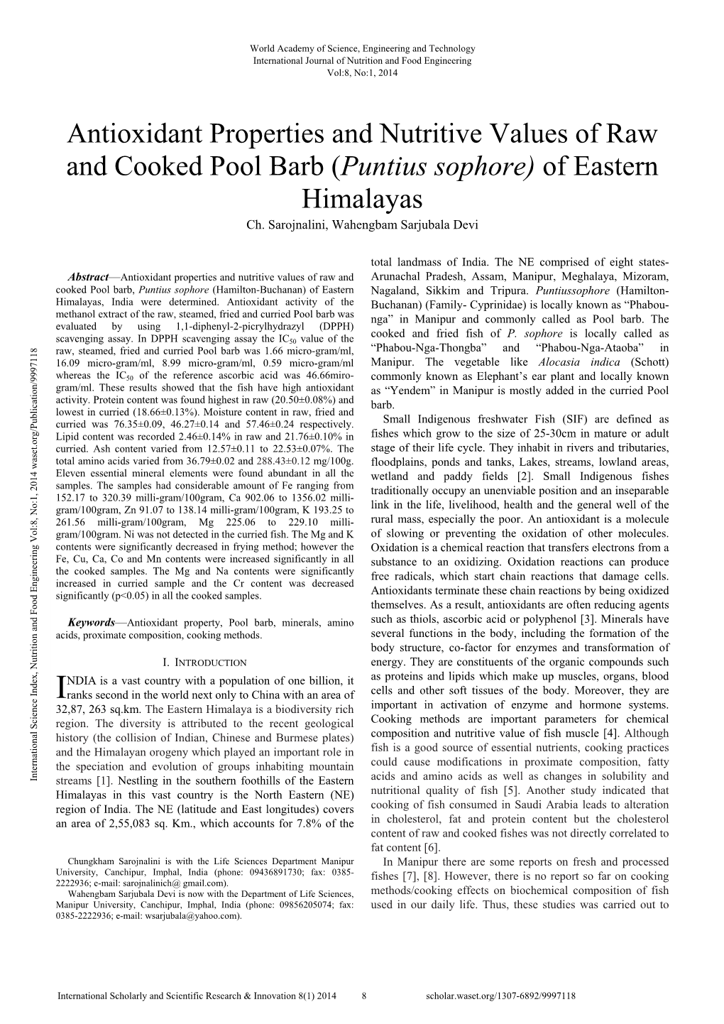 Antioxidant Properties and Nutritive Values of Raw and Cooked Pool Barb (Puntius Sophore) of Eastern Himalayas Ch