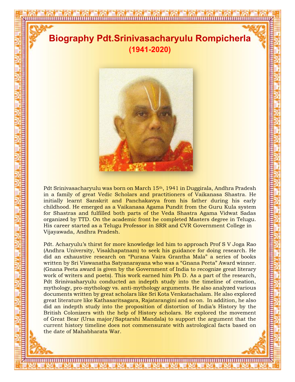 Biography Pdt.Srinivasacharyulu Rompicherla (1941-2020)