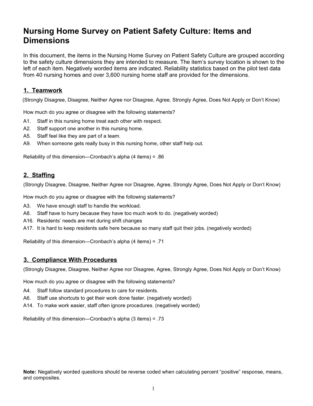 Nursing Home Safety Culture Survey Dimensions