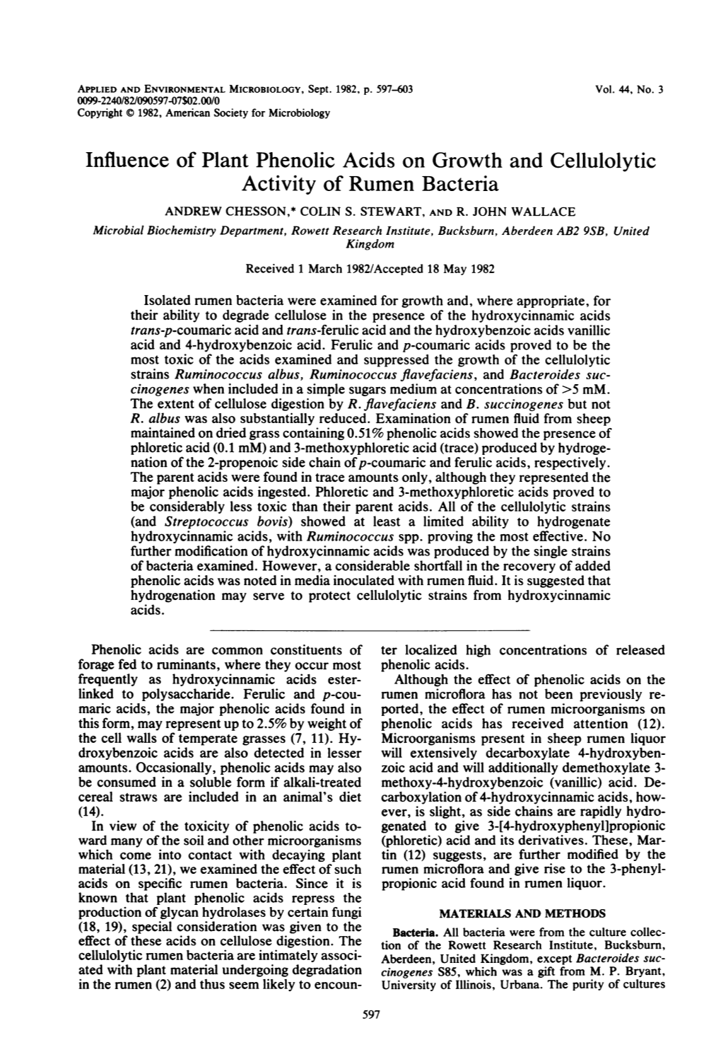 Influence of Plant Phenolic Acids on Growth and Cellulolytic Activity of Rumen Bacteria