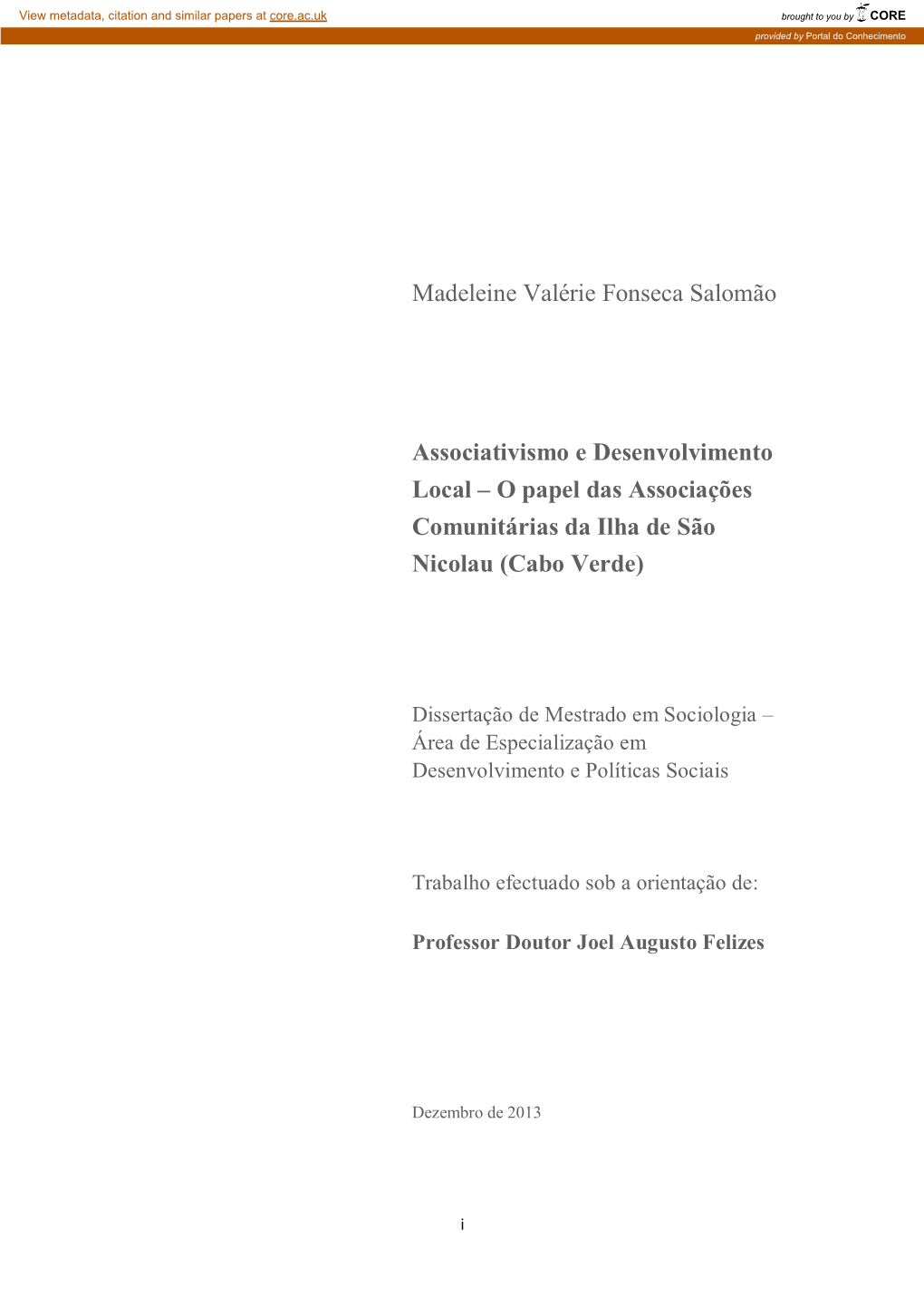 Associativismo E Desenvolvimento Local – O Papel Das Associações Comunitárias Da Ilha De São Nicolau (Cabo Verde)