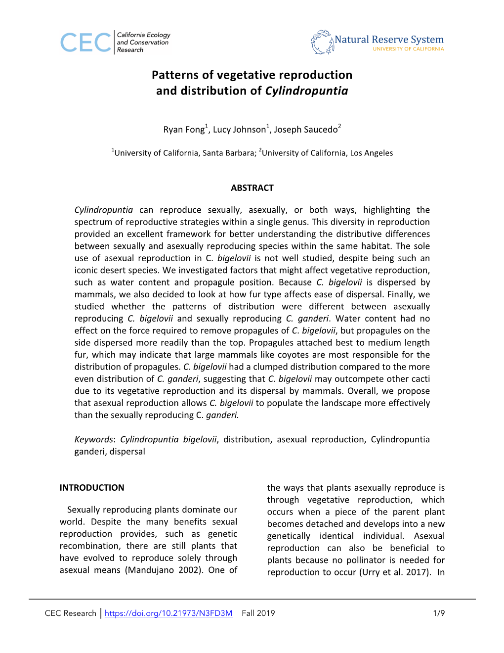 Patterns of Vegetative Reproduction and Distribution of Cylindropuntia