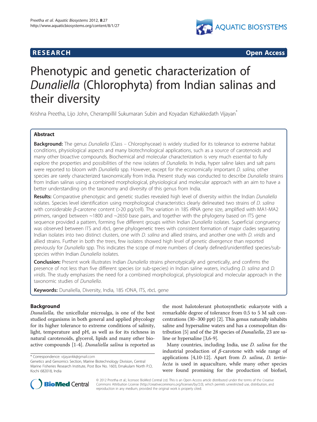 Dunaliella (Chlorophyta) from Indian Salinas and Their Diversity Krishna Preetha, Lijo John, Cherampillil Sukumaran Subin and Koyadan Kizhakkedath Vijayan*