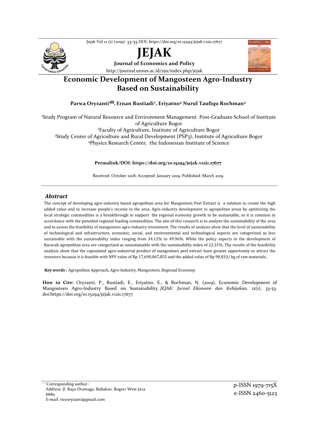 Economic Development of Mangosteen Agro-Industry Based on Sustainability