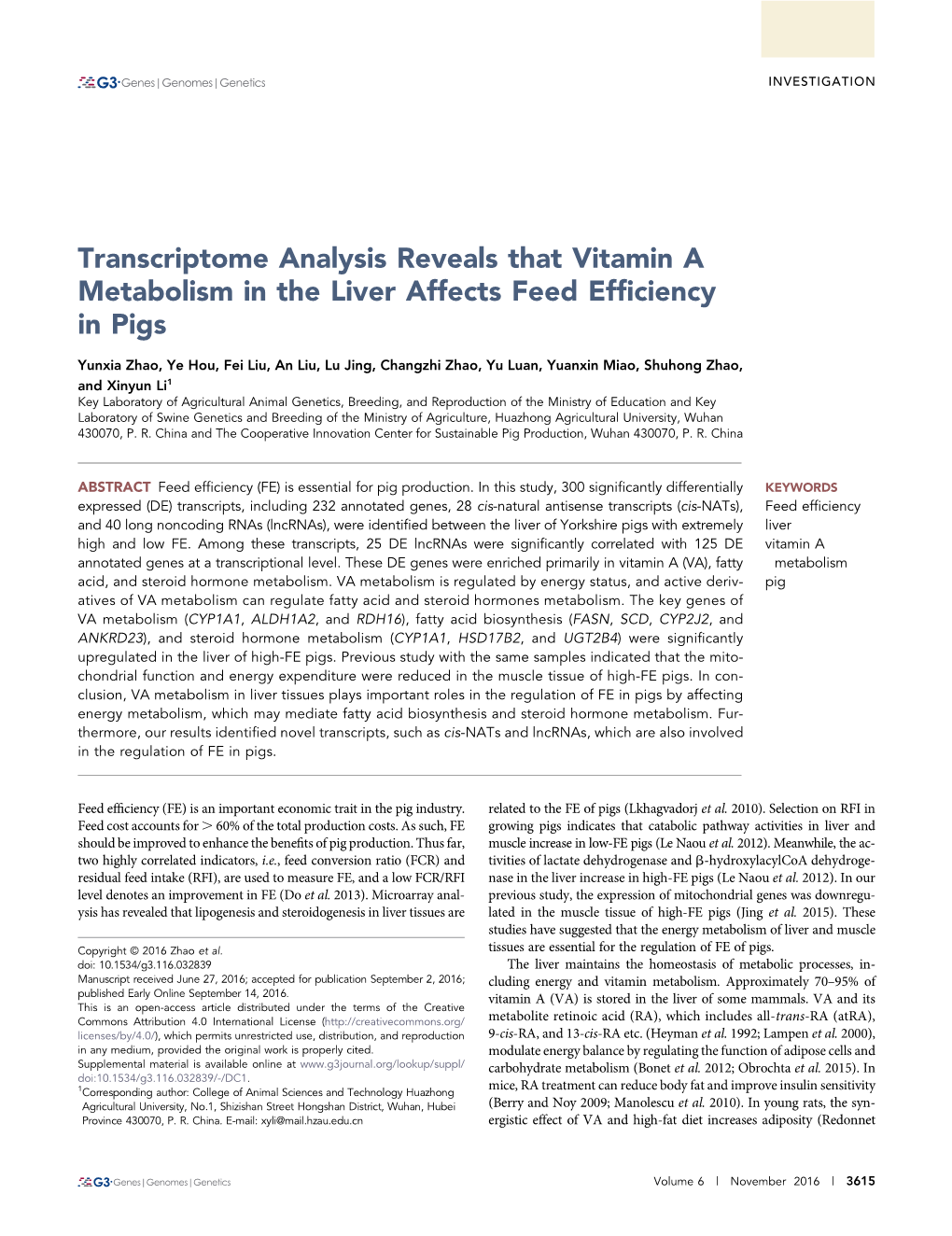 Transcriptome Analysis Reveals That Vitamin a Metabolism in the Liver Affects Feed Efﬁciency in Pigs