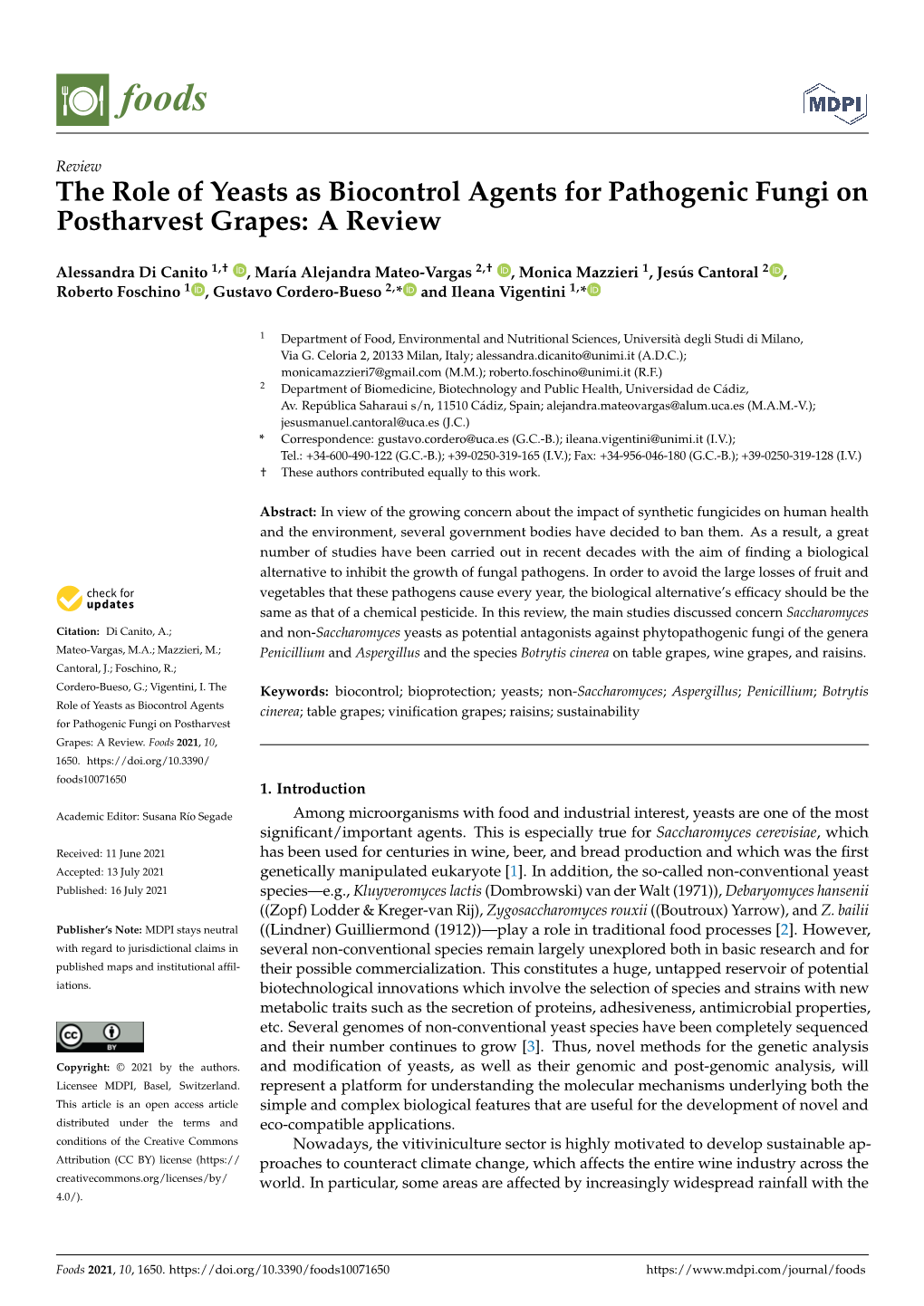 The Role of Yeasts As Biocontrol Agents for Pathogenic Fungi on Postharvest Grapes: a Review