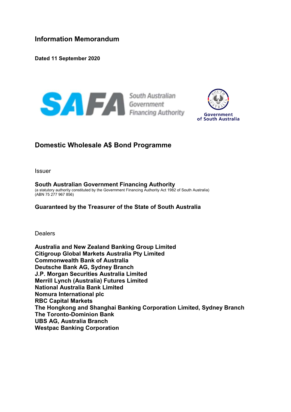 Information Memorandum Domestic Wholesale A$ Bond Programme