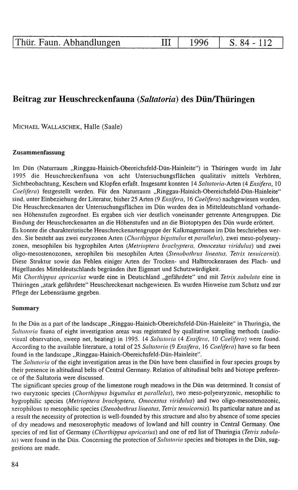 112 Beitrag Zur Heuschreckenfauna (Saltatoria) Des Dün/Thüringen