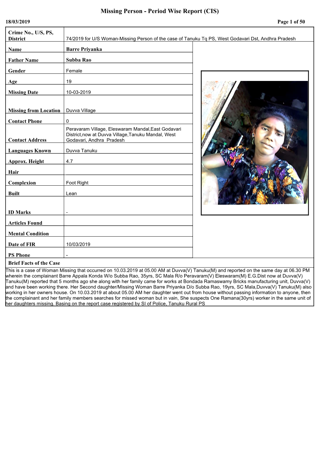 Missing Person - Period Wise Report (CIS) 18/03/2019 Page 1 of 50